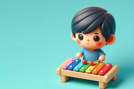 3D image of a boy playing a xelophone. Space for textの素材