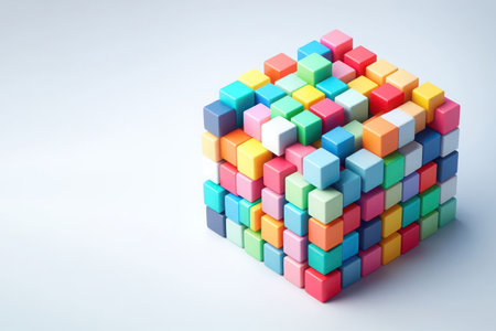 A cube made up of many colorful pieces. Space for textの素材