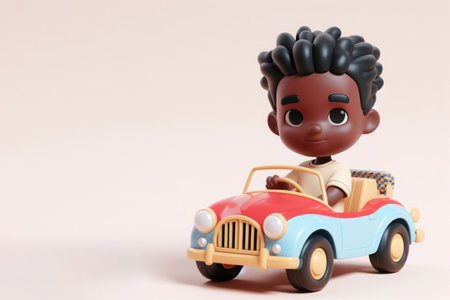 3D image of a dark-skinned boy on a car. Space for textの素材