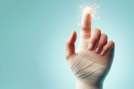 Bandaged hand with shining index finger. Place for text.の素材