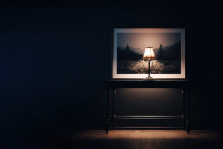 A lamp on the table illuminates the painting in the background. Space for textの素材