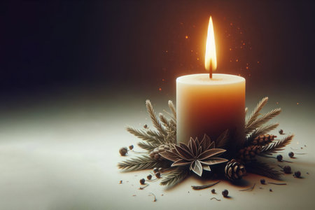 Burning christmas candle on a clean background. Space for textの素材