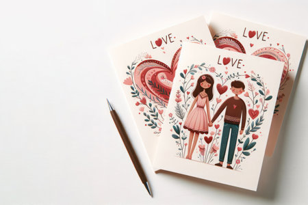 Love cards lying on a light background. Place for text.の素材