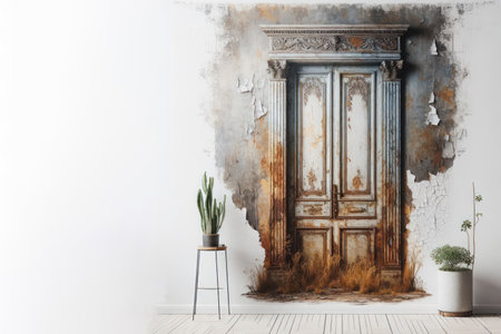 An old, classic door in disrepair. Place for textの素材