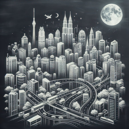 Big city drawn with chalk on a blackboard.の素材