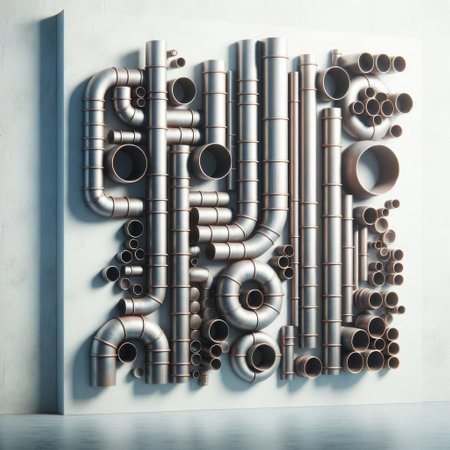 Metal pipes and components on the wall. Abstraction.の素材