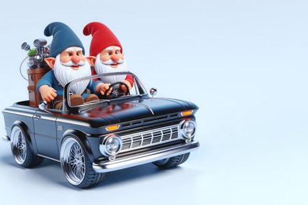 Two cheerful gnomes driving a car. Place for text.の素材
