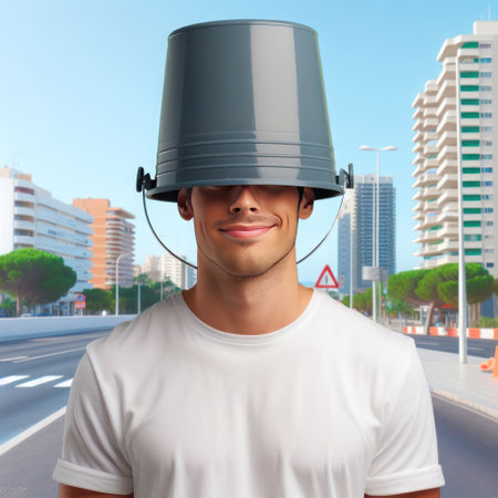 A guy with a bucket on his head stands in front of the cityの素材