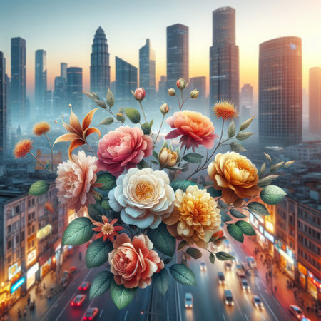Beautiful flowers on the background of a big cityの素材