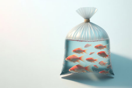 Small fish swimming in a transparent plastic bag. Place for textの素材