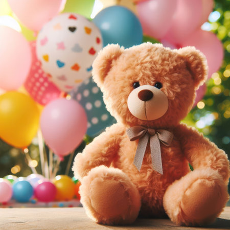 Small toy bear on the background of festive balloonsの素材