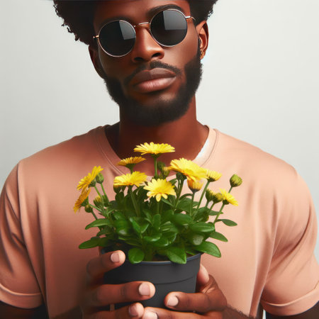 A man in sunglasses holds a flower in a potの素材