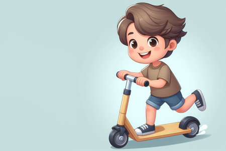 A little boy rides a scooter. Space for textの素材