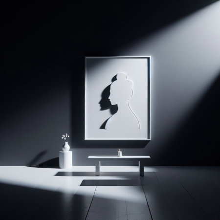 Silhouette of a woman in a painting in a half-empty roomの素材