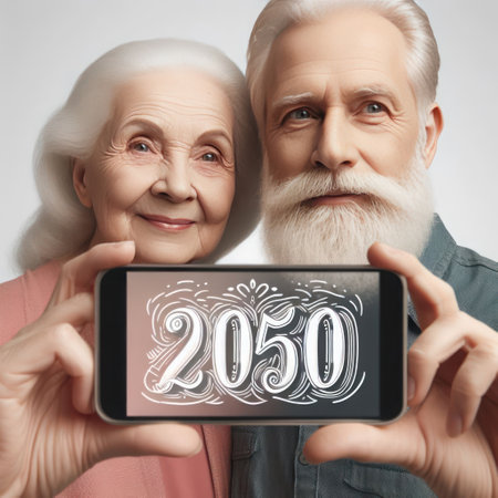 An elderly couple holds a smartphone with the date 2050の素材