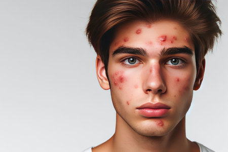 A young guy with acne on his face. Place for textの素材