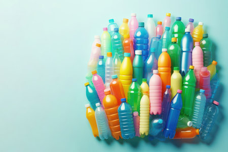 Colorful plastic bottles on a clean background. Space for textの素材