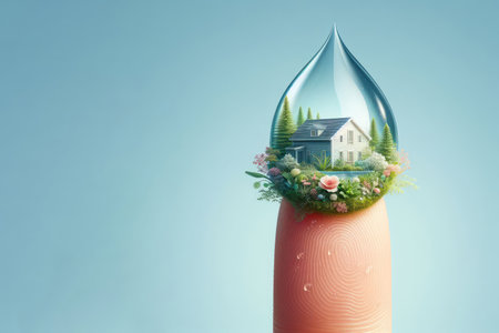 A house surrounded by flowers inside a drop of water at the tip of a finger. Space for textの素材