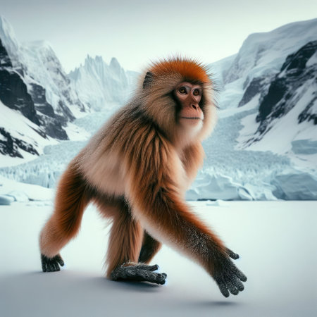 Monkey walking in the snow against the background of icy mountainsの素材