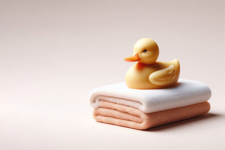 Toy duck sitting on towels. Space for textの素材