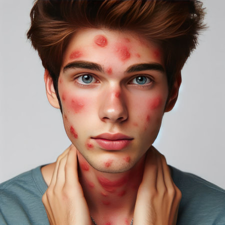 A young guy with red spots on his faceの素材