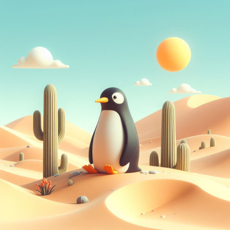 Penguin sitting in hot desert near cactiの素材