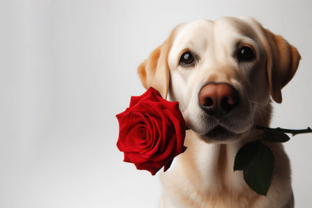 A dog with a red rose in his mouth. Space for textの素材