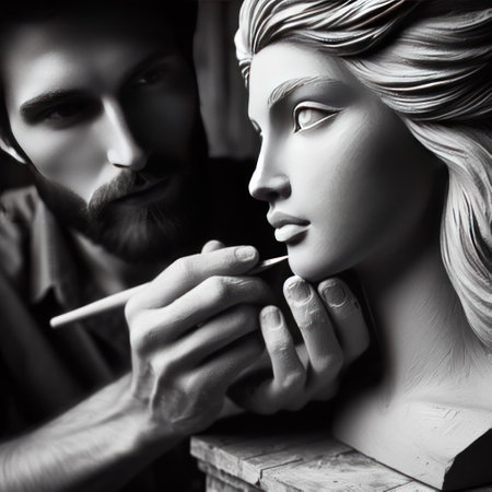 A man makes a sculpture of a womanの素材