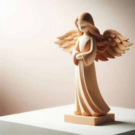 Wooden statuette of an angel on a clean background. Space for textの素材