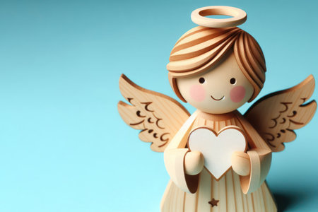 Wooden statuette of an angel holding a heart. Space for textの素材