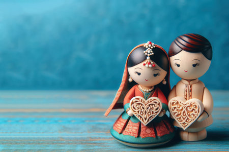 Figurines of a love couple holding hearts. Space for textの素材