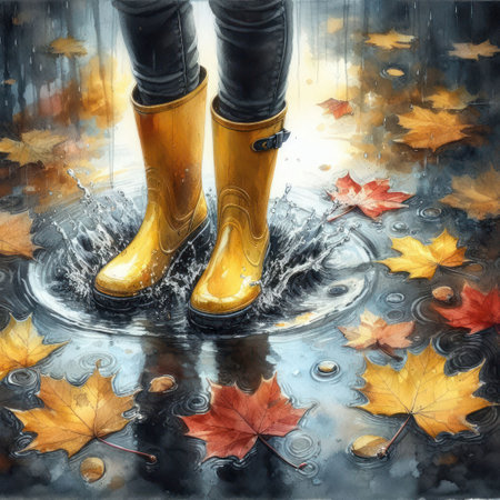 Feet in yellow rubber boots standing in a puddleの素材