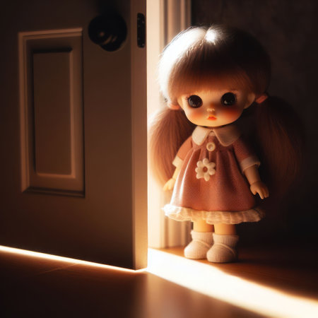 A small baby doll standing near an open doorの素材