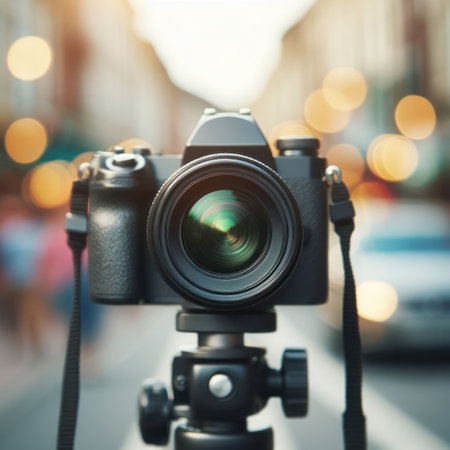 Camera standing on a tripod in the blurred background of a city streetの素材