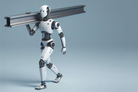 The robot carries a metal beam. Space for textの素材