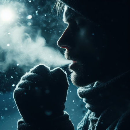 A man blows steam from behind his mouth during the coldの素材