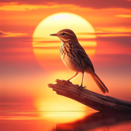 Close-up of a bird against the background of the setting sunの素材