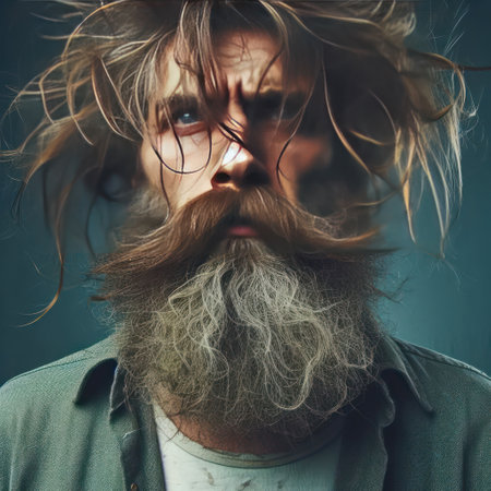 An unkempt man with long hair and a beardの素材