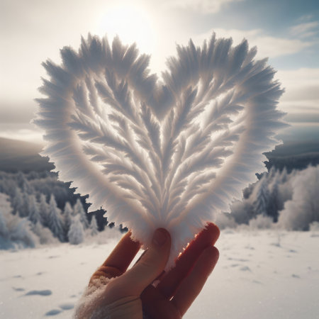 Love heart made of snow on the background of a winter landscapeの素材
