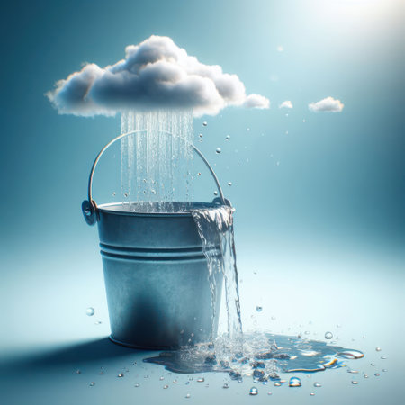 Rain coming from a cloud into a bucketの素材