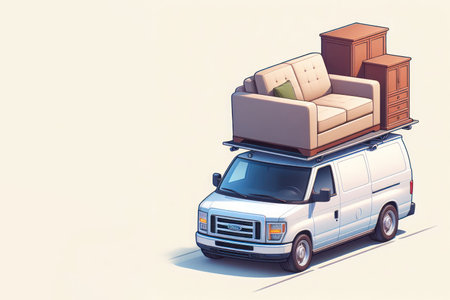 A car with furniture on the roof. Space for textの素材