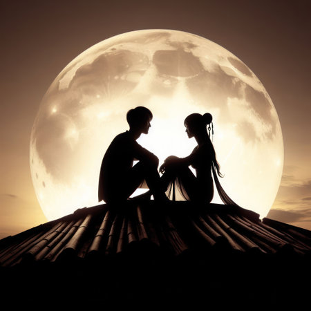Silhouettes of a couple in love sitting on a roof against the background of the full moonの素材