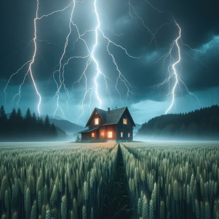 A house in a field against the background of flashing lightning in the skyの素材