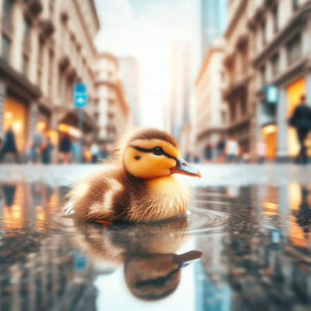 A little duckling sitting in a puddle on the road in the cityの素材