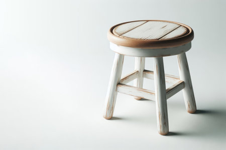 Wooden stool standing on light background. Space for textの素材
