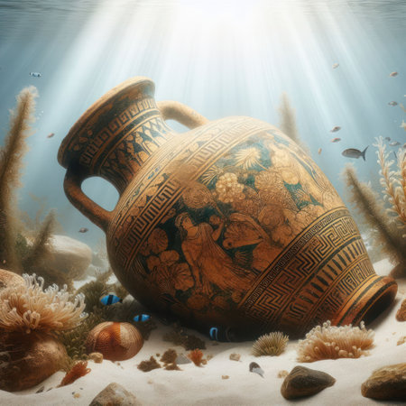 An ancient amphora lying on the seabedの素材
