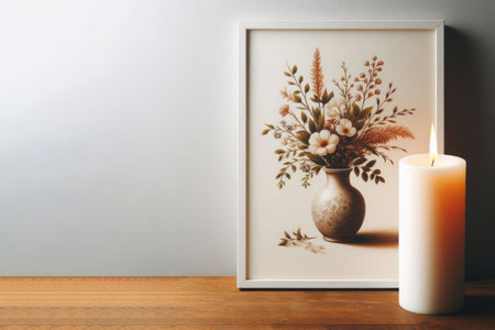 A burning candle next to a painting with flowers. Space for textの素材
