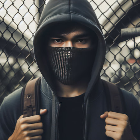 A guy in a hood and covering his face is standing near a chain-link fenceの素材