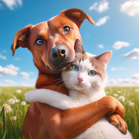 A dog and a cat cuddle with each other cuteの素材