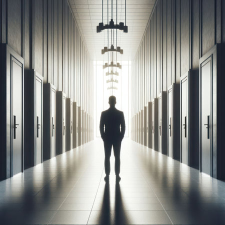 Silhouette of a man standing in a long corridor with a lot of doorsの素材
